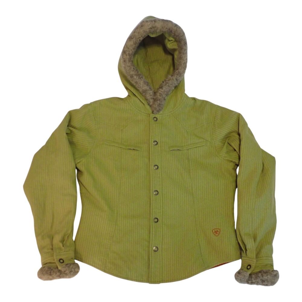Ariat Jacket M Quilted Corduroy Lined Hooded Faux Fur Trim Snap Front Green